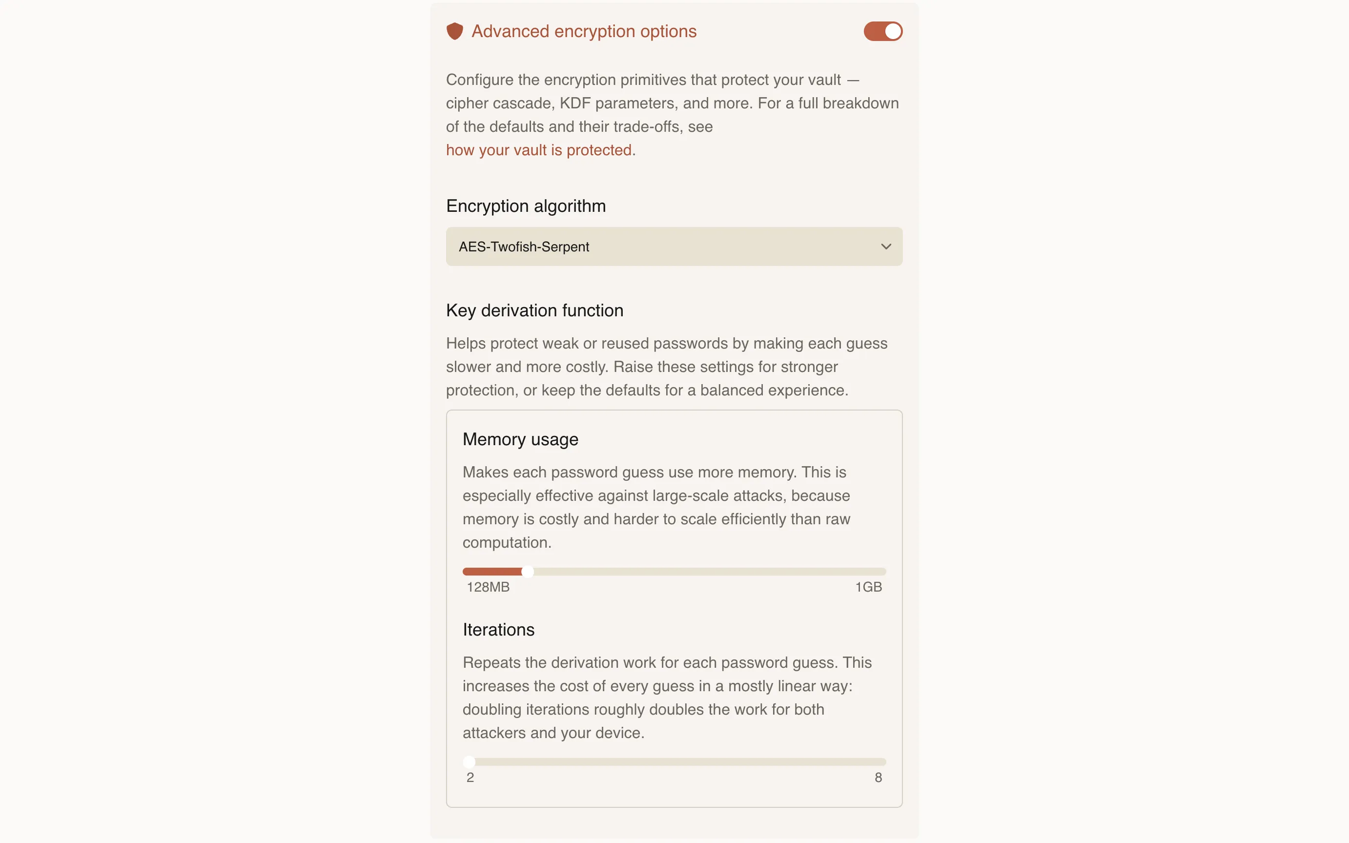 Advanced encryption screen with options to configure encryption algorithm and key derivation function